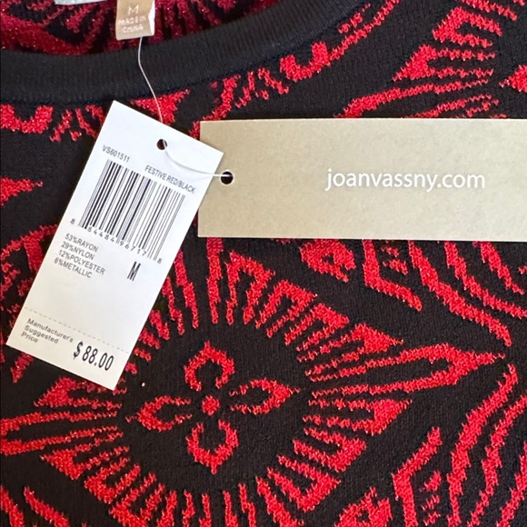 Joan Vass New York Sweater Tunic Size M Black Red Jacquard Asymmetrical Hem - Picture 9 of 11